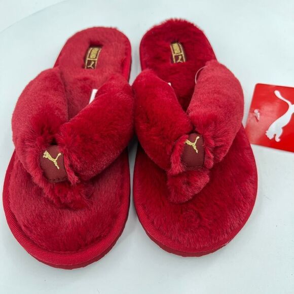 Puma Fluff Flip Slide 'Persian Red Team Gold Women’s Flat Sandals Size 6 - Picture 1 of 12